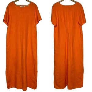 Russ Berens 100% Linen Slit Solid Orange Short Sleeve Pleated Back Maxi Dress